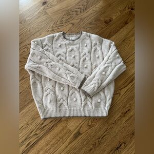 Blu Pepper Cream Cable-Knit Pom Pom Crewneck Sweater